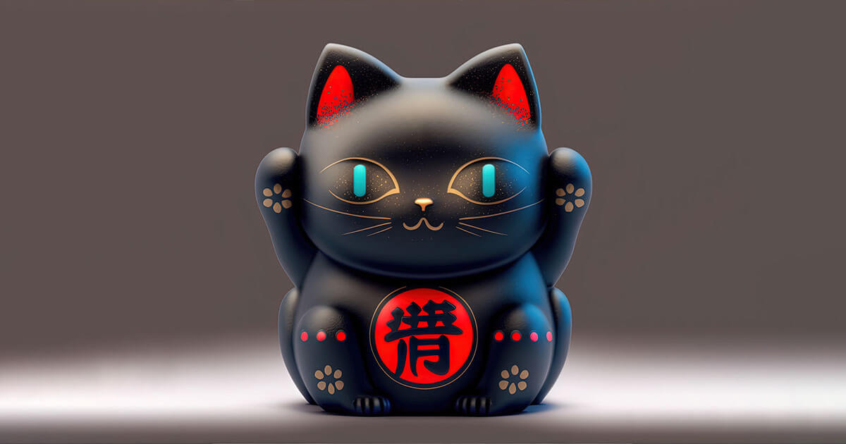 Maneki Neko Negro con ambas patas levantadas en un fondo gris