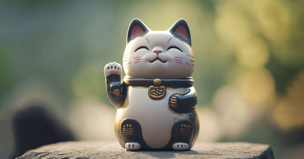Maneki Neko Pata Derecha levantada sobre fondo bokeh