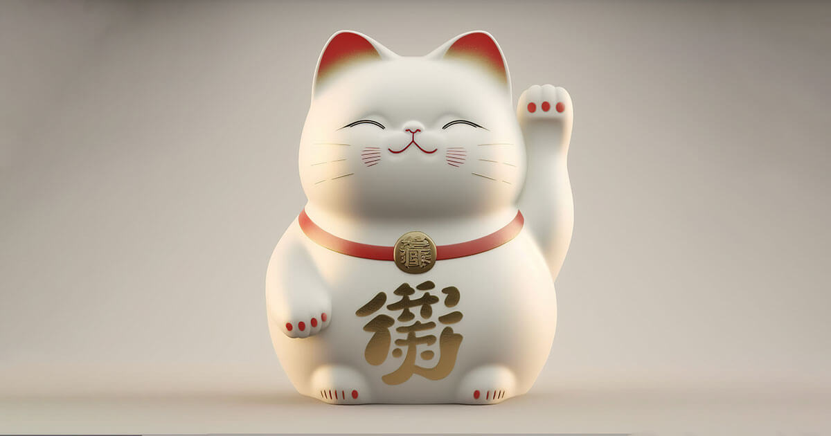 Maneki Neko Pata izquierda levantada sobre fondo gris