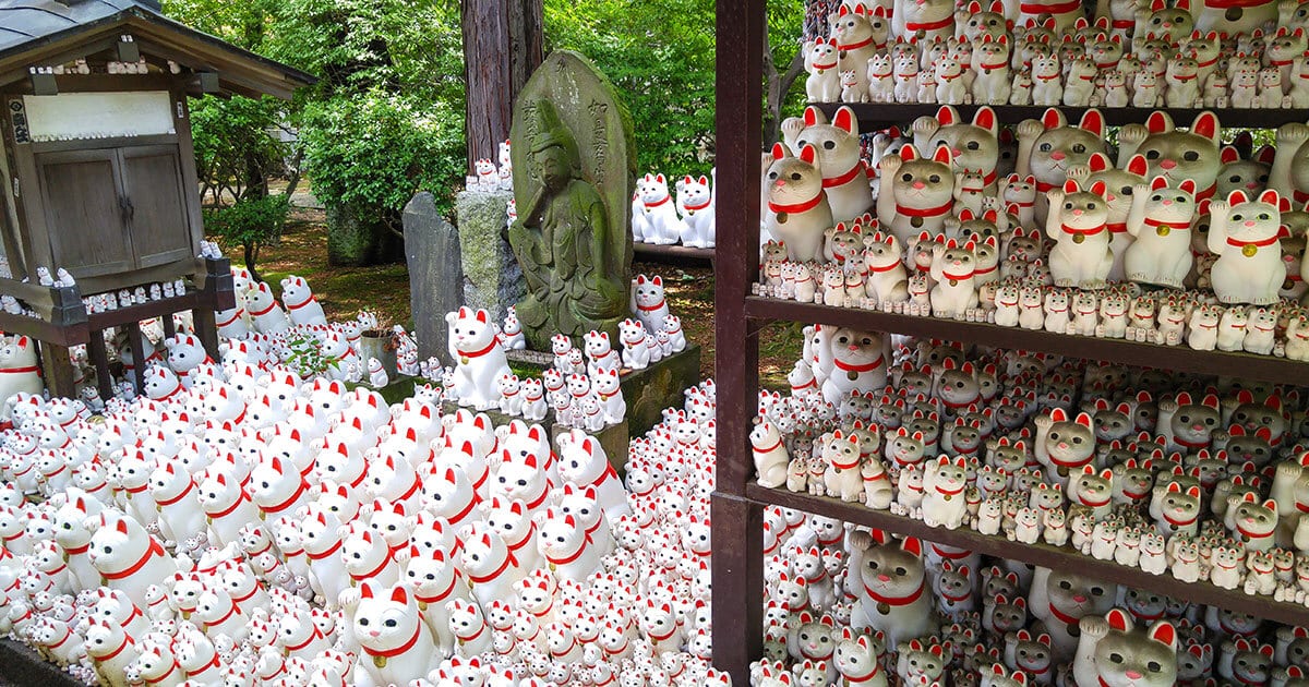 Cientos de Maneki Neko adornan los caminos del templo Gotokuji